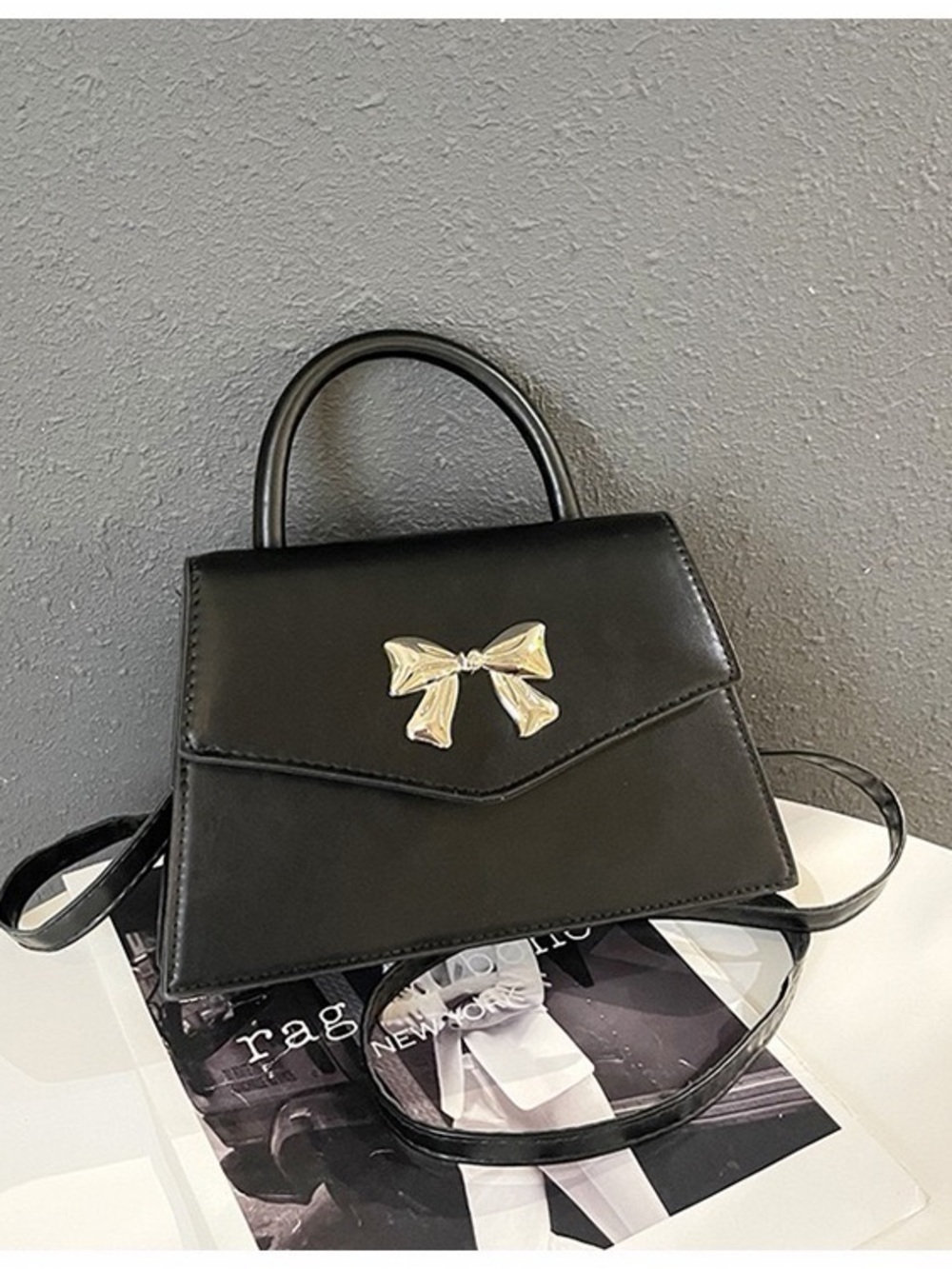 Black Top-Handle Bow Accent Women's Handbag